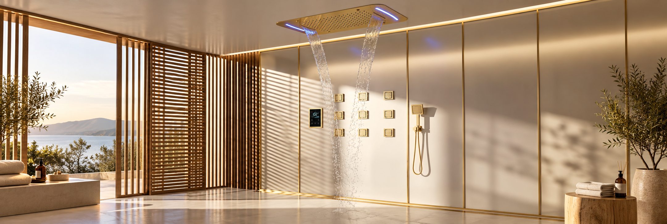 BathSelect brushed gold LED waterfall and rainfall shower system with body jets and handheld sprayer