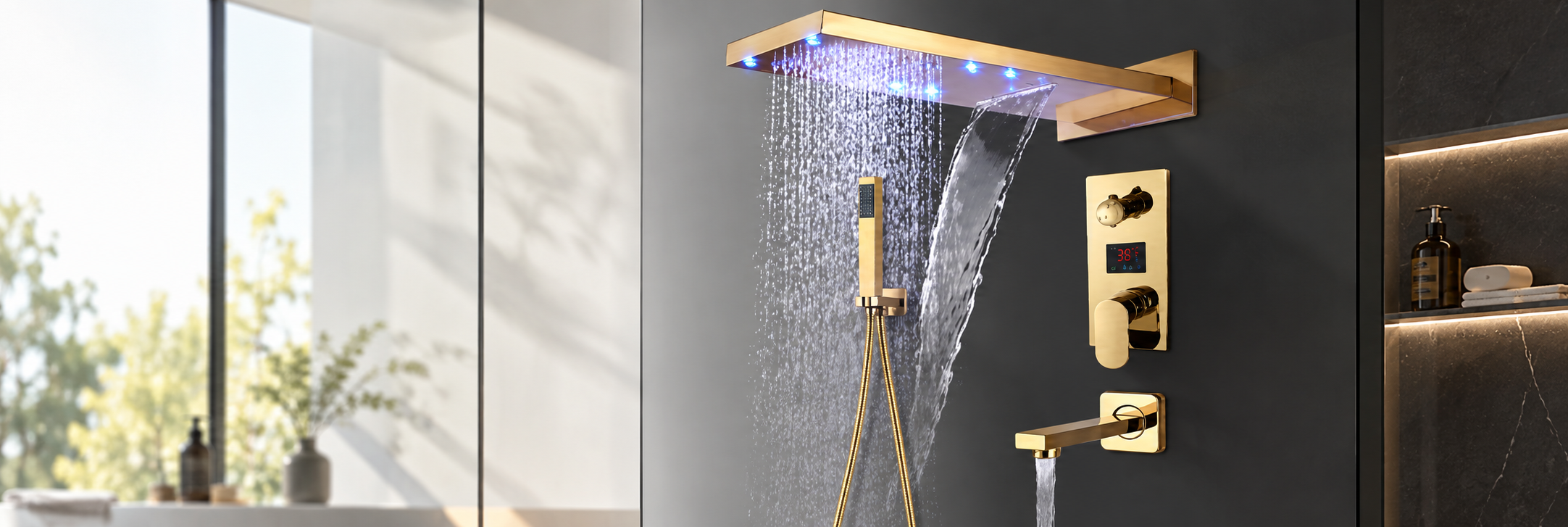 BathSelect Sunflare polished gold wall-mount round rain shower with single-lever valve