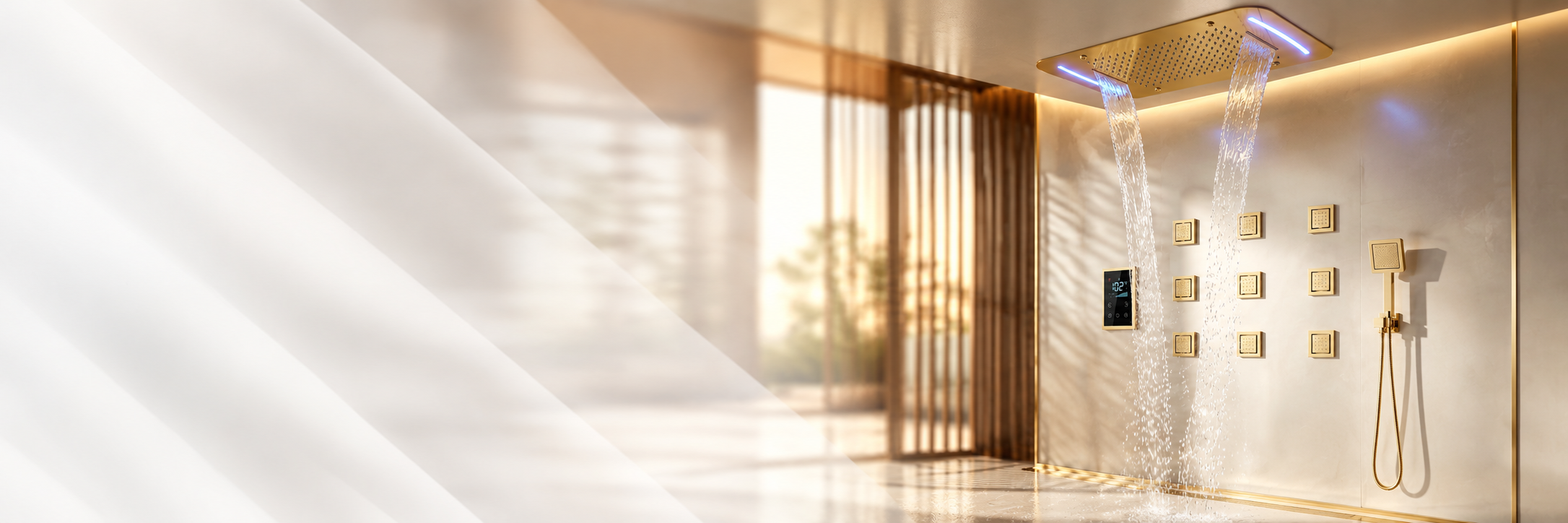 BathSelect brushed gold LED multifunction waterfall and rainfall shower system with body jets and handheld sprayer