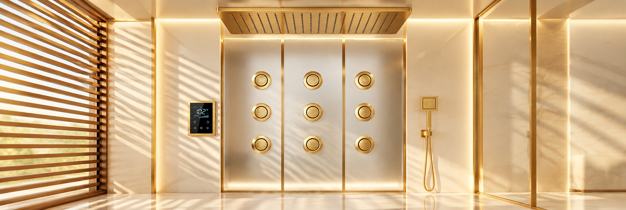 BathSelect brushed gold square ceiling rainfall shower system with nine round body jets and digital control