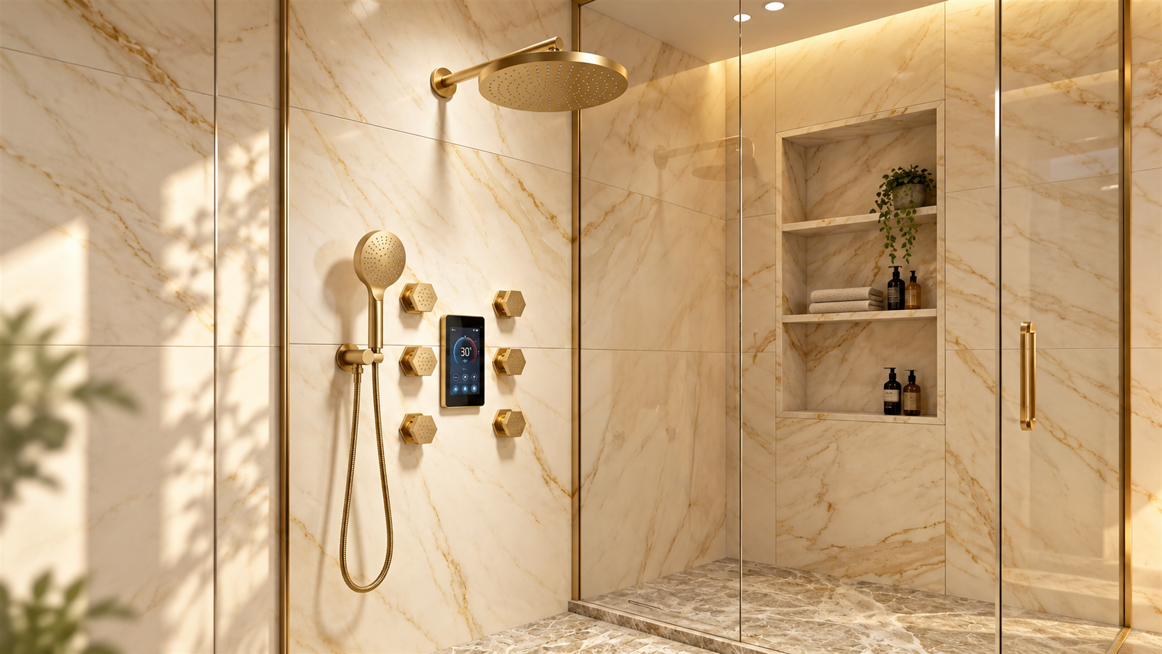 BathSelect Regalia brushed gold luxury shower set with rainfall shower and handheld for commercial bathroom projects