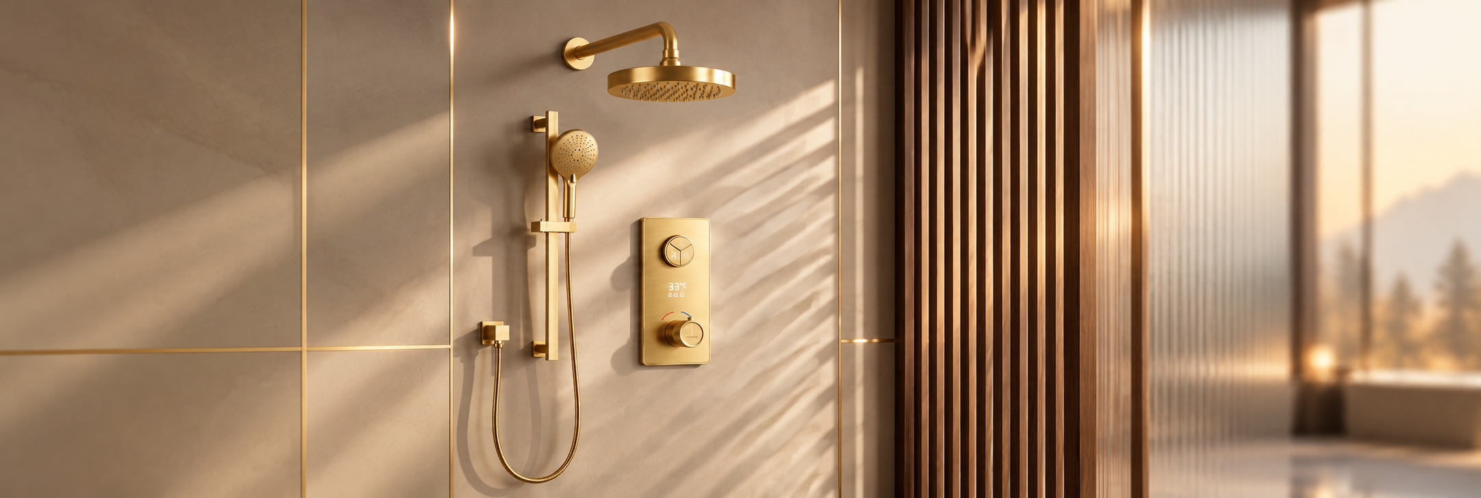 BathSelect Gildora brushed gold round rainfall shower with smart thermostatic mixer valve