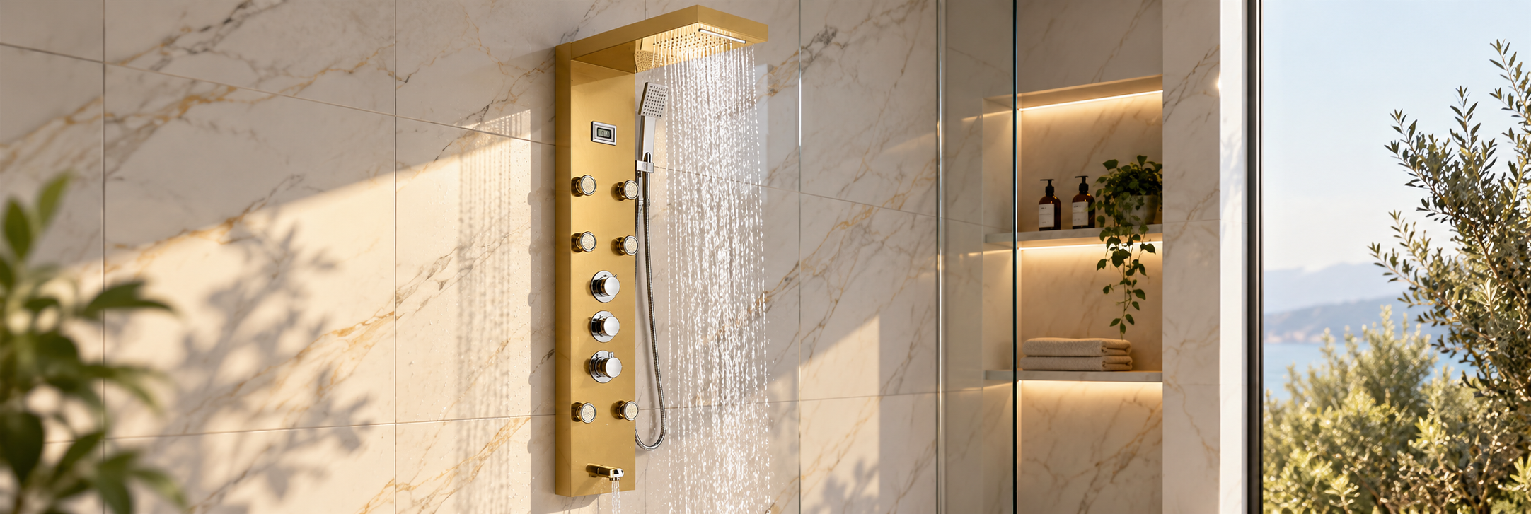 BathSelect brushed gold luxury shower system from the BathSelect shower collection