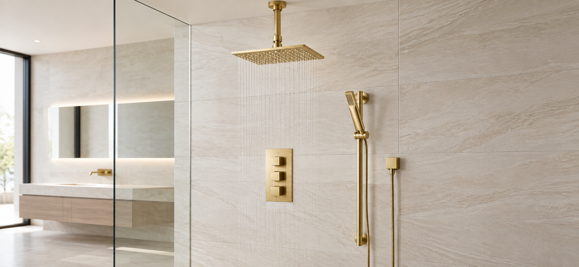 BathSelect gold shower systems with sliding bar
