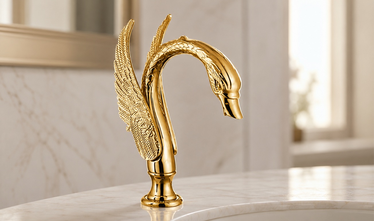 Ornate gold swan-shaped faucet displayed on a clean luxury bathroom countertop with a subtle blurred background