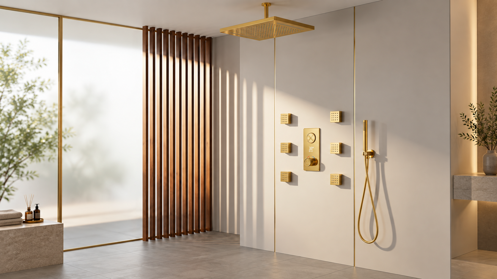 BathSelect brushed gold square ceiling rainfall shower system with nine round body jets and digital control