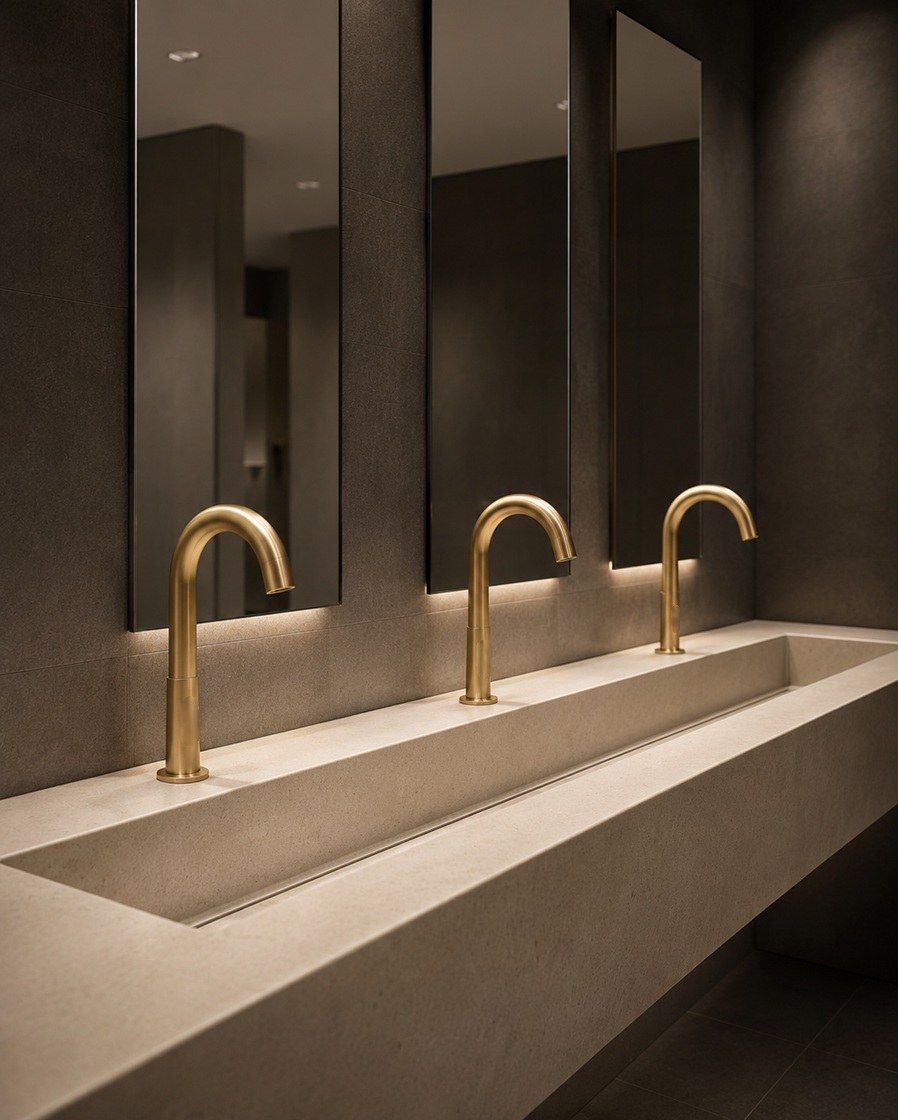 Community-centered public restroom with touchless fixtures and durable sustainable infrastructure