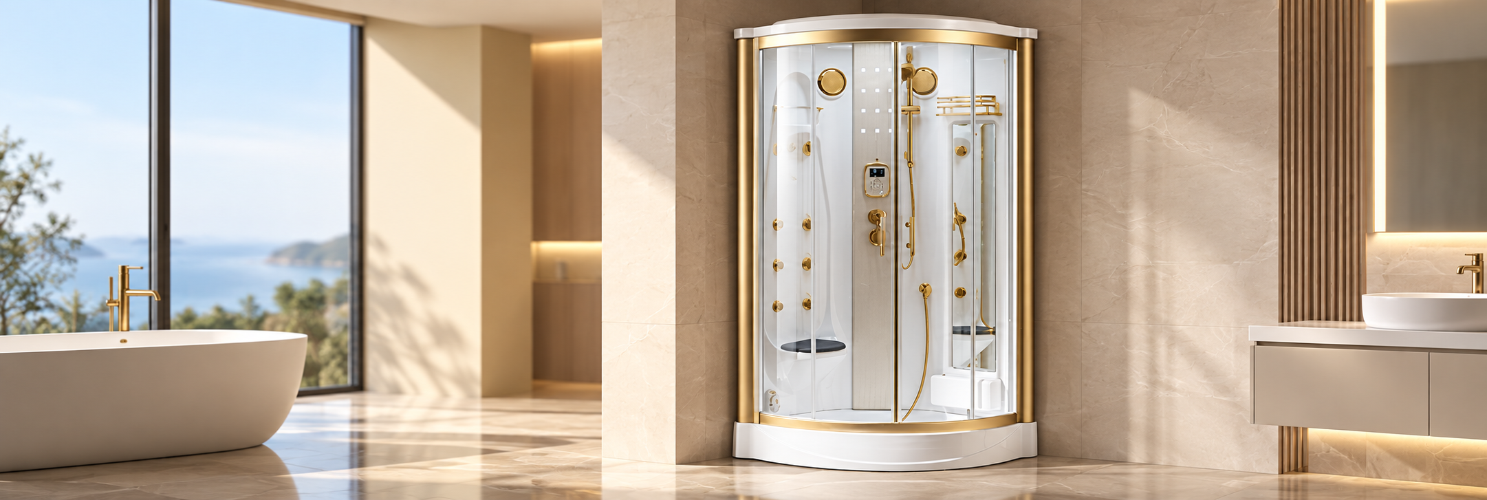 Steam shower system with integrated generator and steam controls for bathroom installations