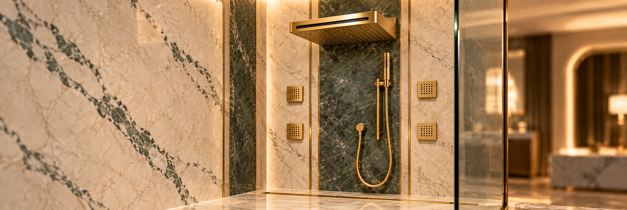 Gold wall-mounted rainfall and waterfall shower in an emerald marble luxury bathroom