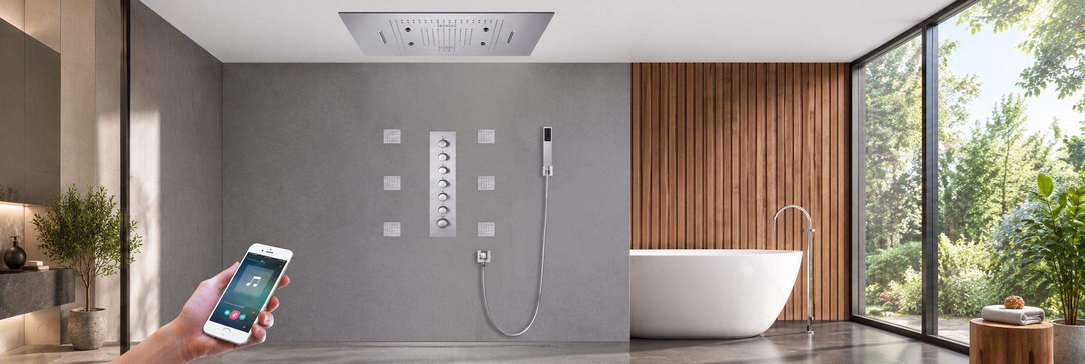BathSelect polished chrome square ceiling rainfall shower system with body jets and digital control