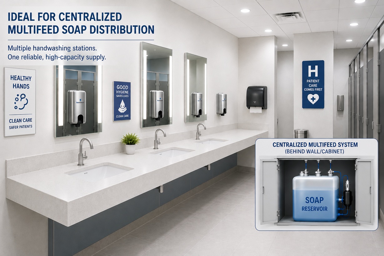 Healthcare commercial restroom with multiple handwashing stations suitable for centralized MultiFeed soap distribution