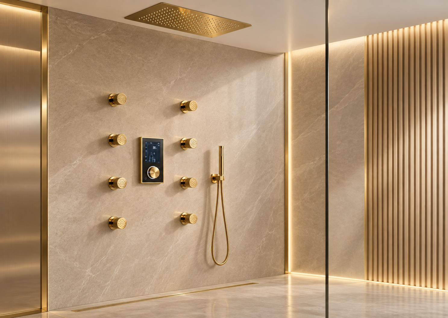 Gold shower systems for hotels resorts and hospitality bathrooms