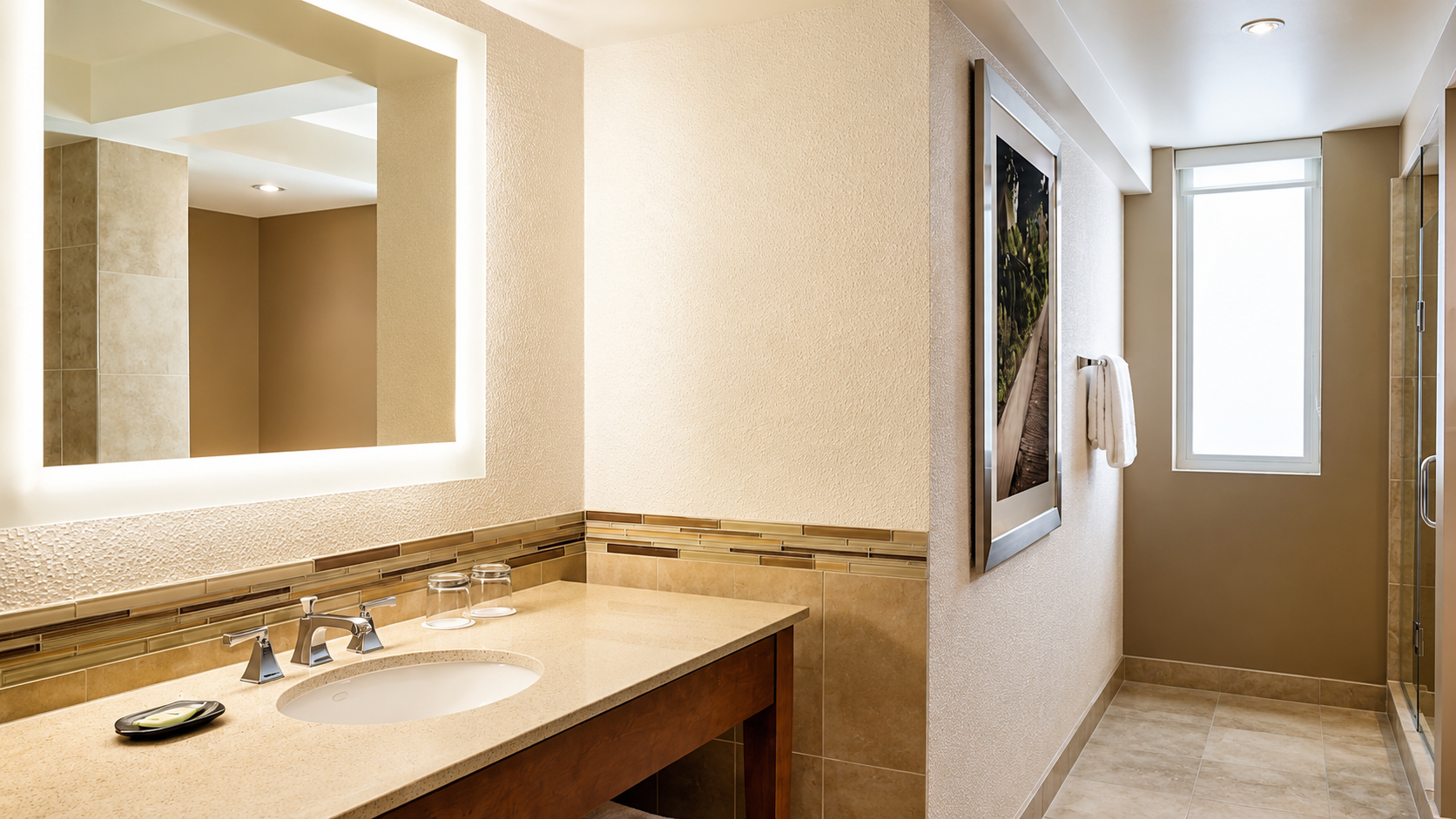 High traffic hotel restroom layout with automatic sensor faucet planning