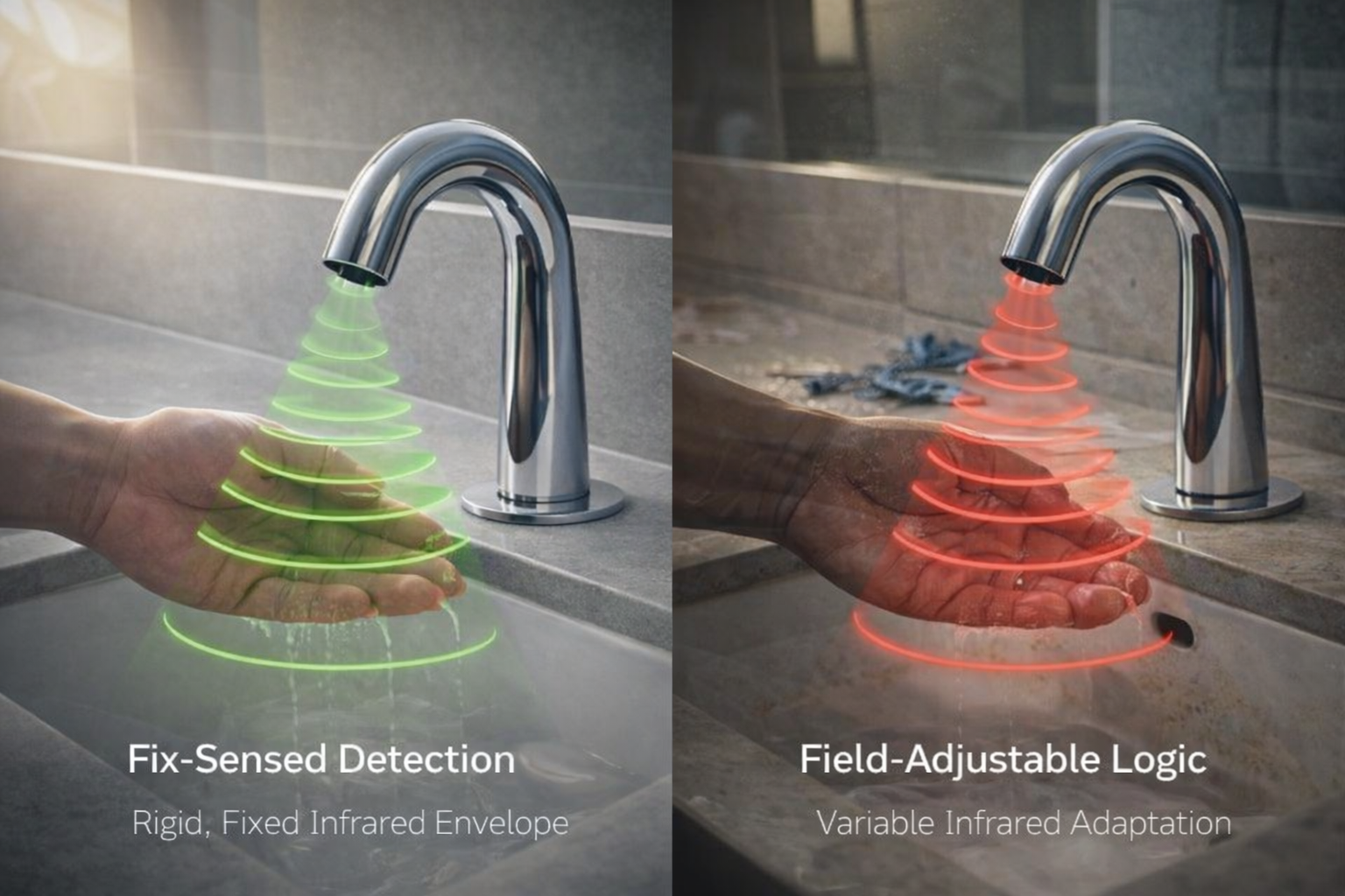 Infrared touchless faucet sensor detection illustrating differences between fixed detection envelopes and field-adjustable activation logic under variable lighting and user conditions
