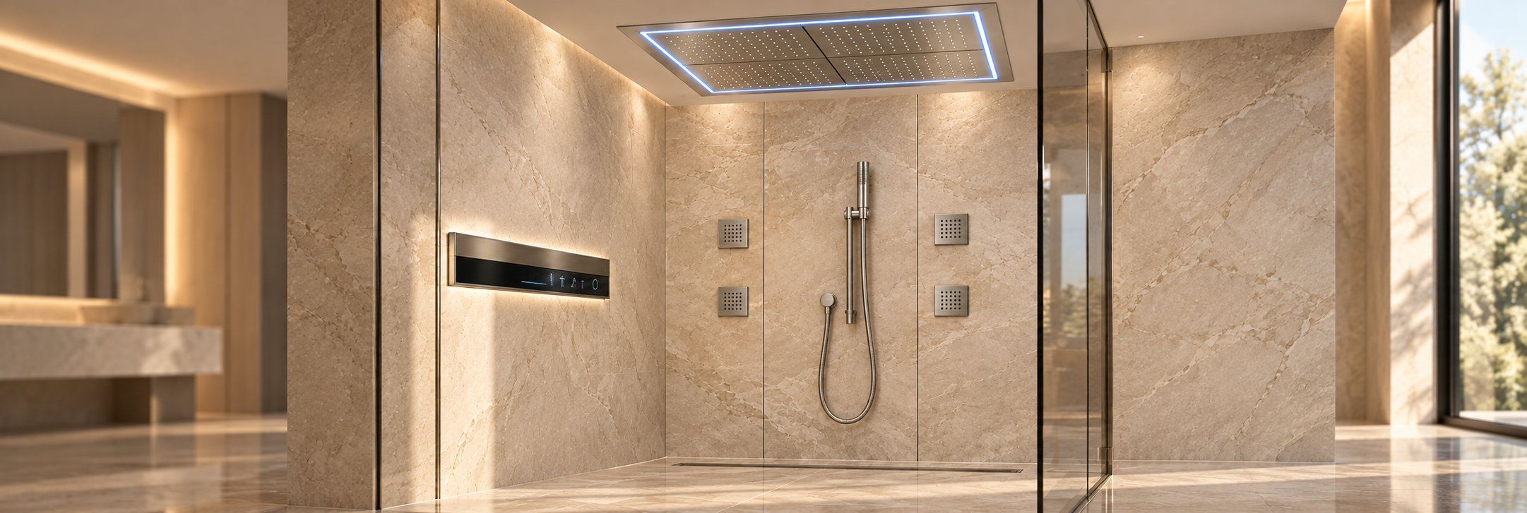 BathSelect nickel flush-mount LED rainfall shower in a limestone bathroom