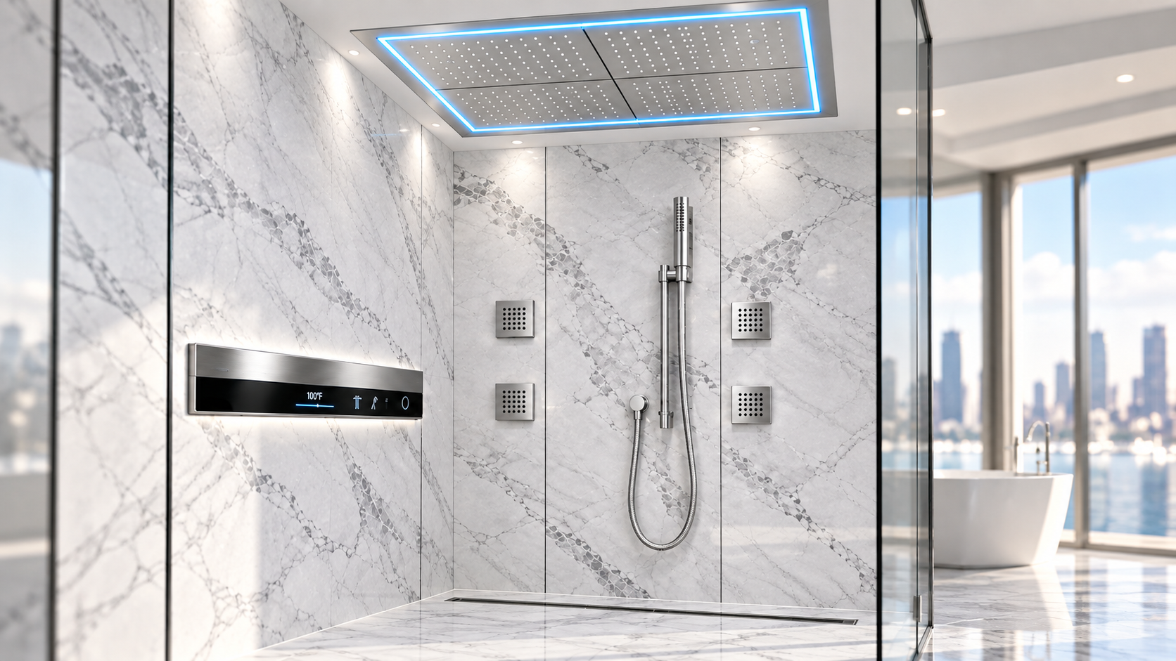 Polished chrome recessed ceiling shower with blue LED illumination in a luxury white marble bathroom