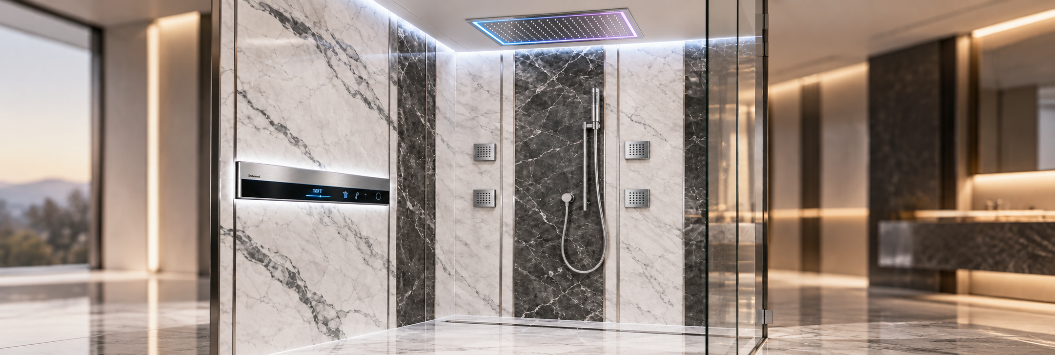 BathSelect chrome chromotherapy color-changing LED shower system in a monochrome marble bathroom