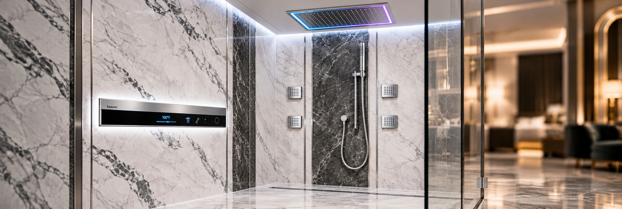 Chrome luxury shower system with color-changing LED chromotherapy lighting in a marble bathroom