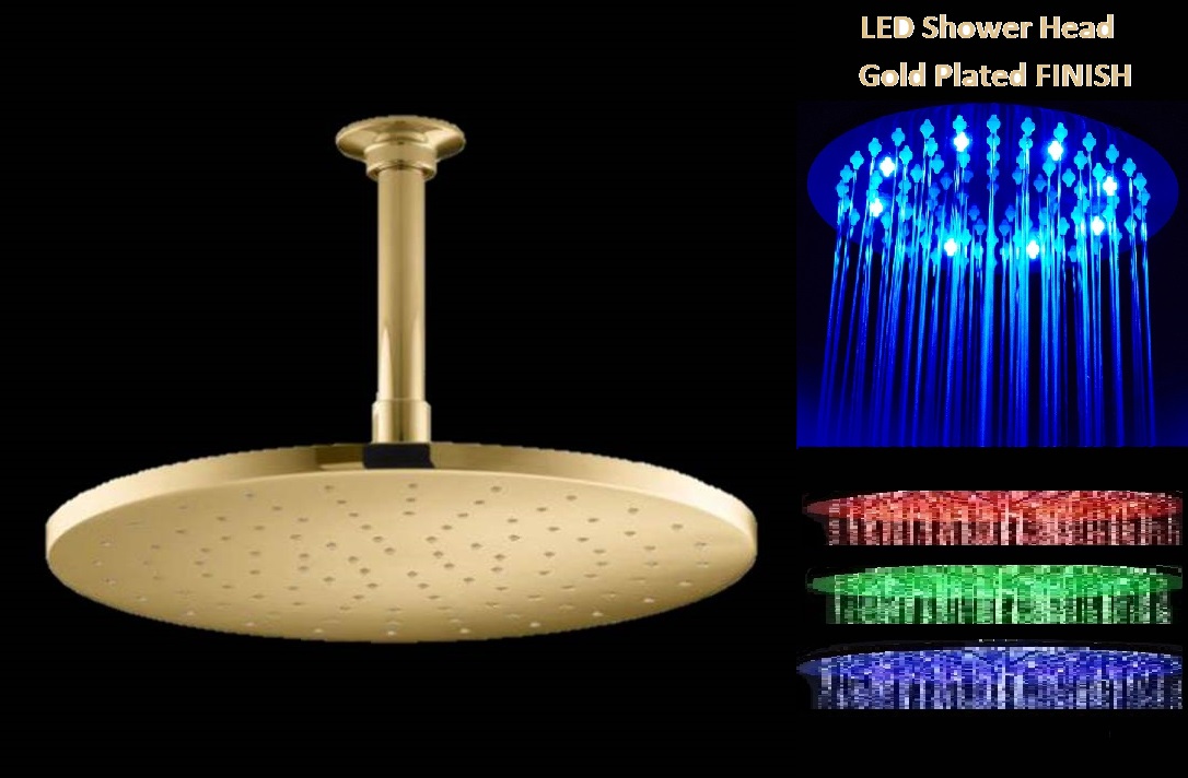 16" Gold Tone Round Color Changing LED Rain Shower Head