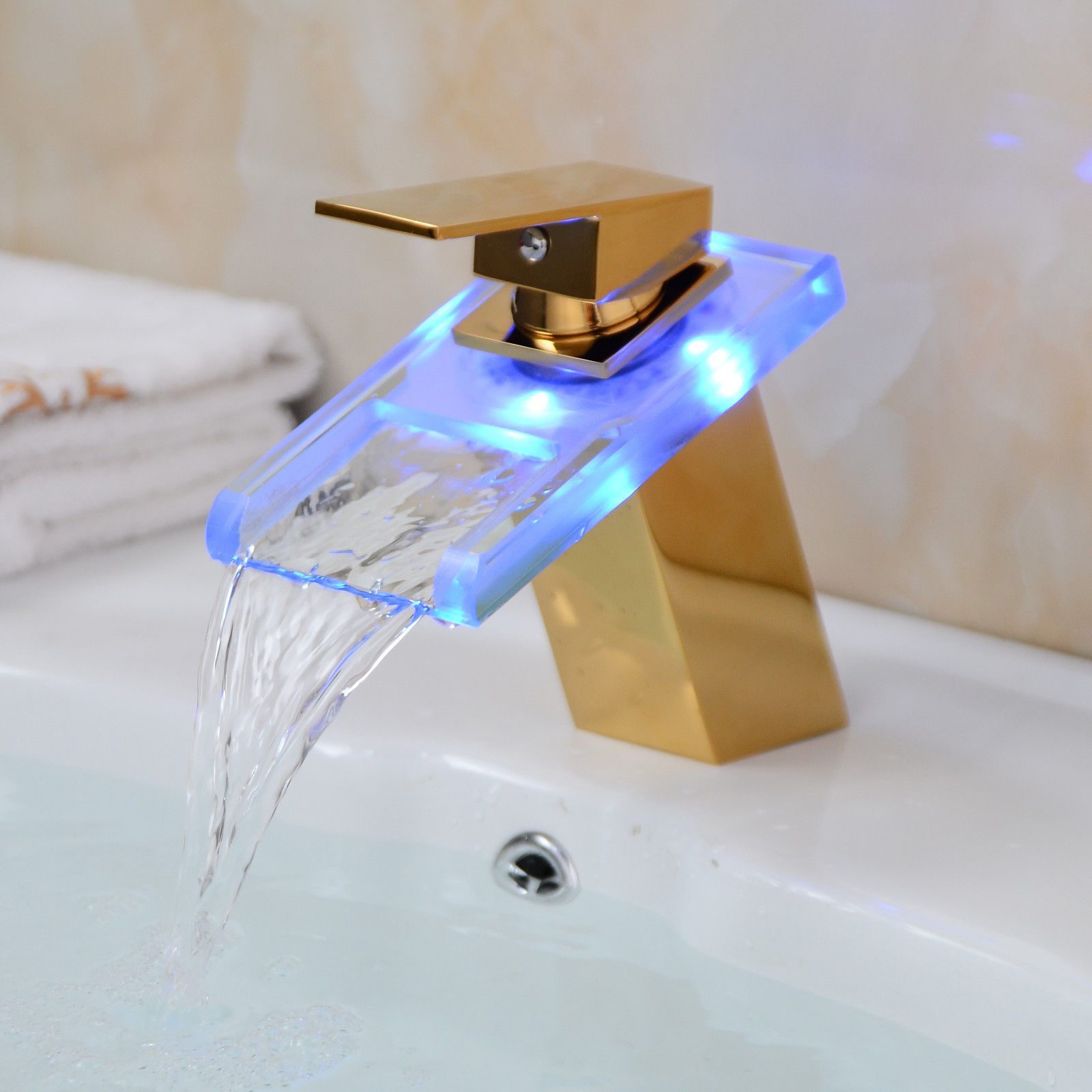 LED Waterfall Spout Bathroom Sink Faucet Mixer Tap Gold Finish