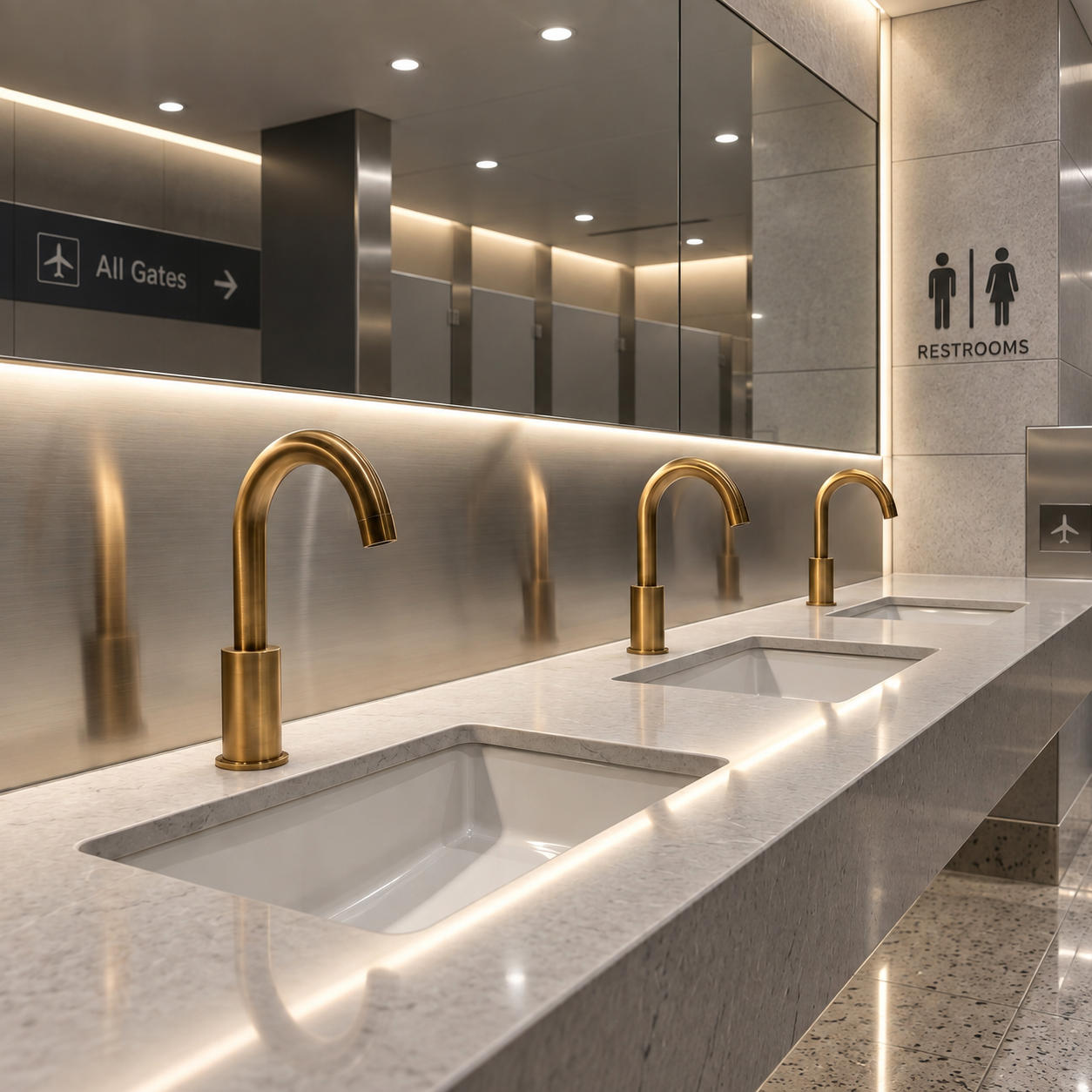 ToF touchless faucets for airport terminal commercial restrooms