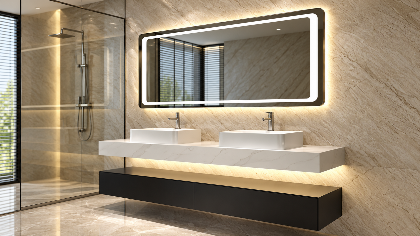 BathSelect hospitality smart bathroom mirror with illuminated glass for hotels and guest suites