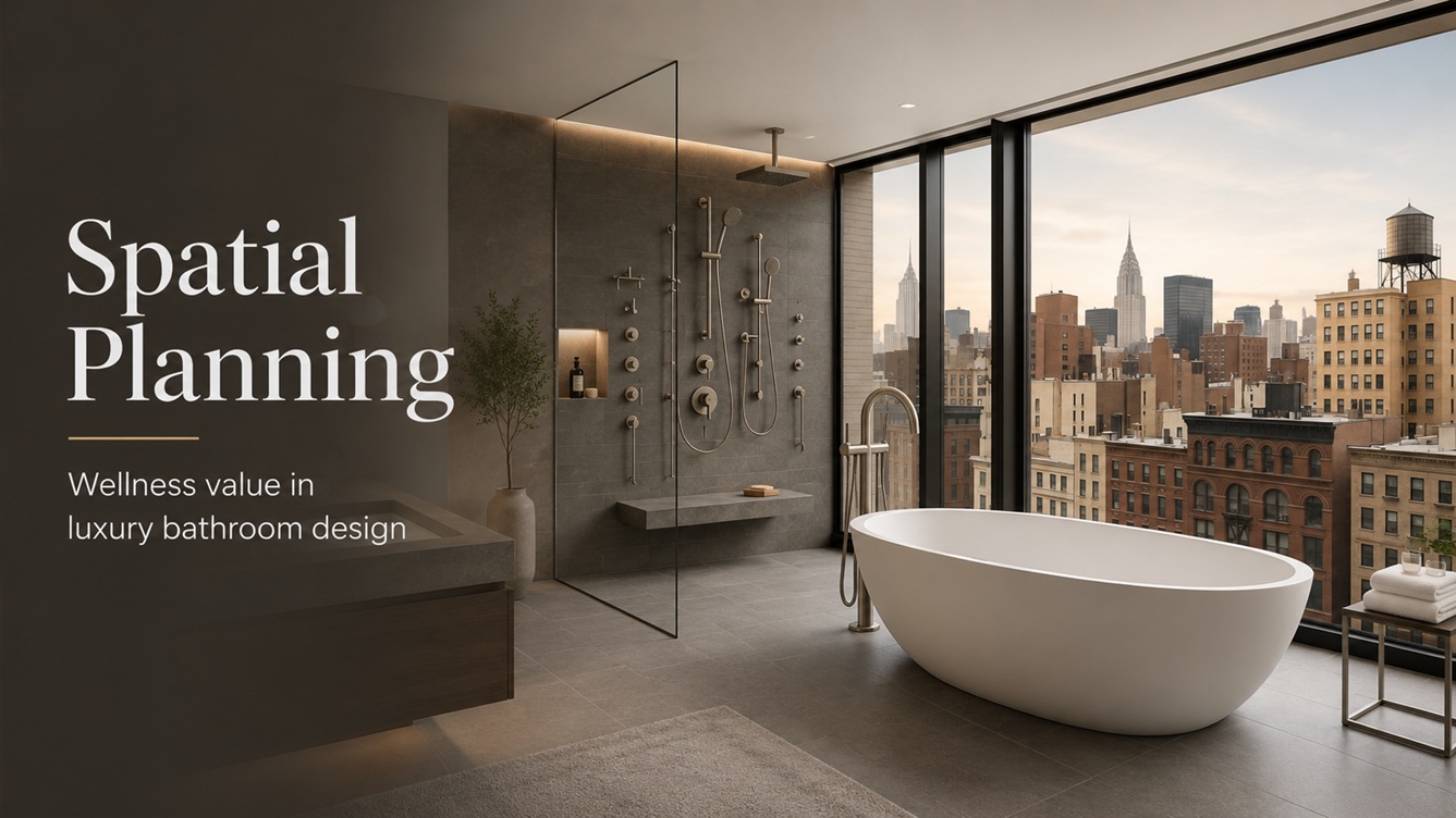 Luxury bathroom spatial planning with freestanding tub and city skyline view