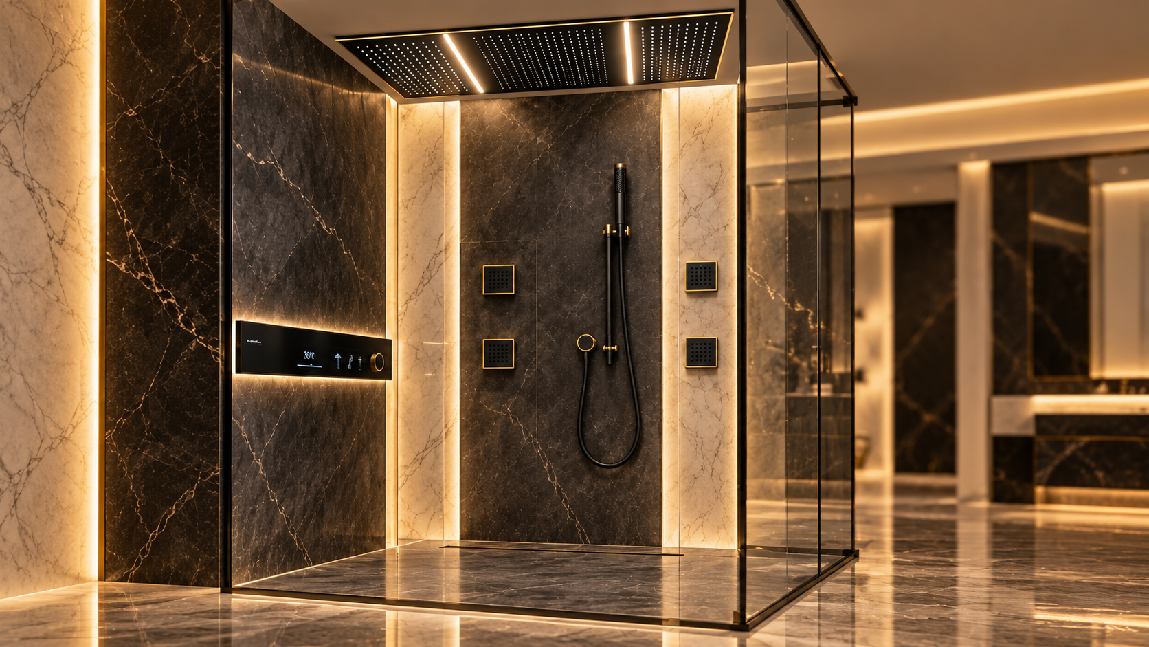 BathSelect black and gold LED ceiling rainfall shower with body jets in a luxury hospitality suite
