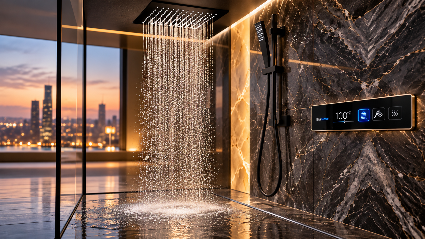 Matte black ceiling rainfall shower with slide-bar handheld shower against a backlit onyx bathroom wall