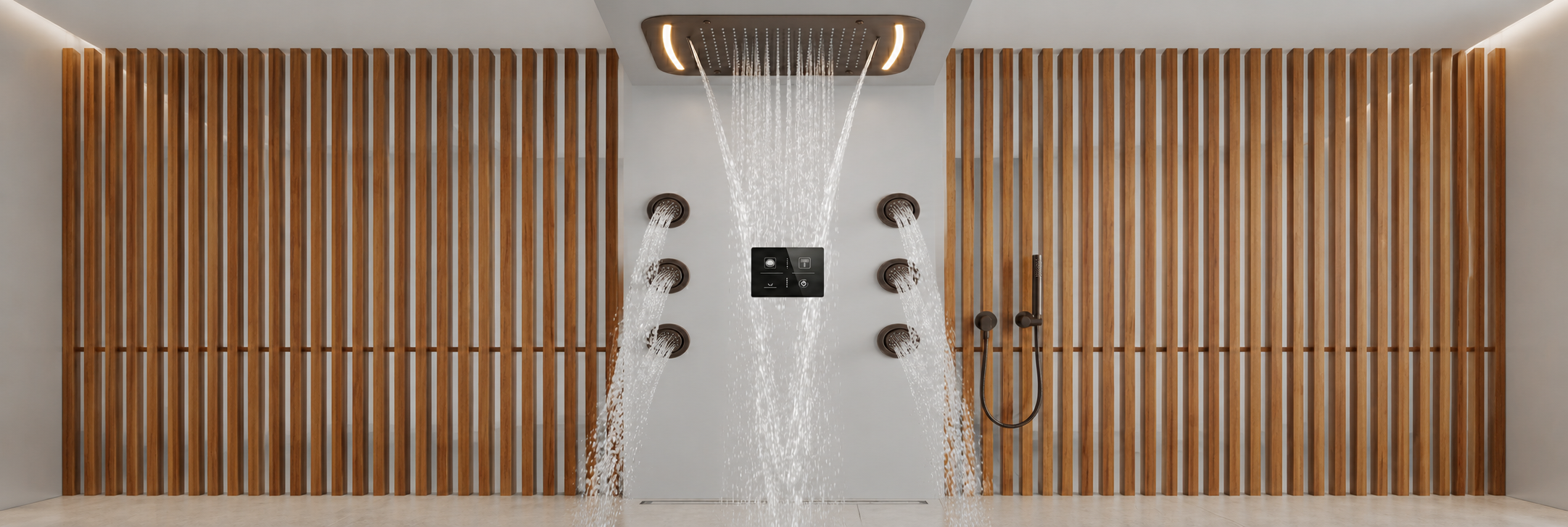 BathSelect Cascade Noir matte black ceiling rain shower with waterfall delivery and body jets