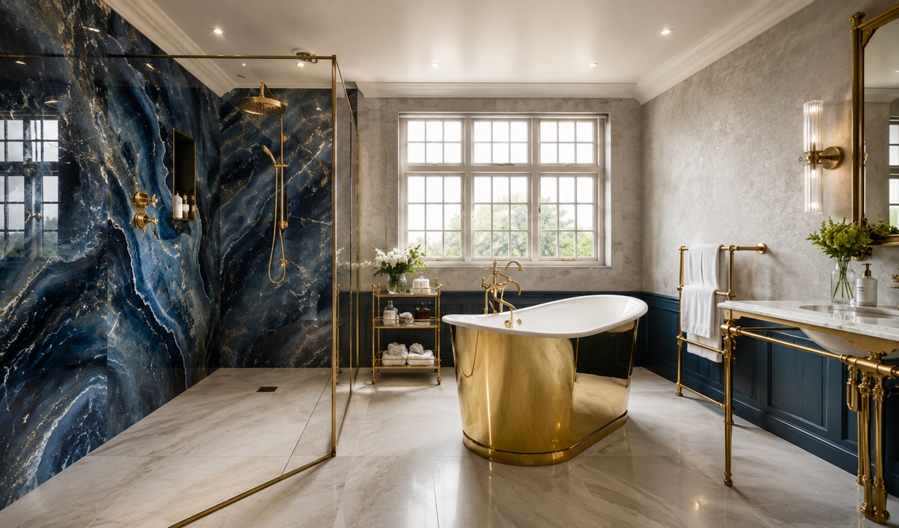 Luxury bathroom with blue marble shower wall, gold freestanding bathtub, brass fixtures, glass shower enclosure, and elegant marble flooring