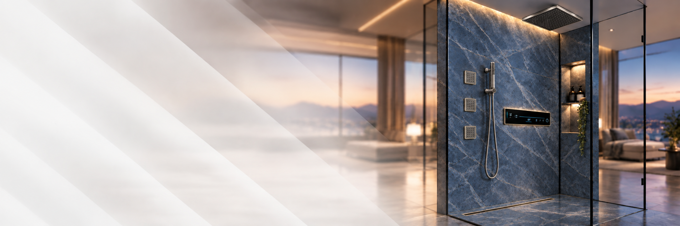 BathSelect brushed nickel LED touch shower system in a blue marble bathroom suite