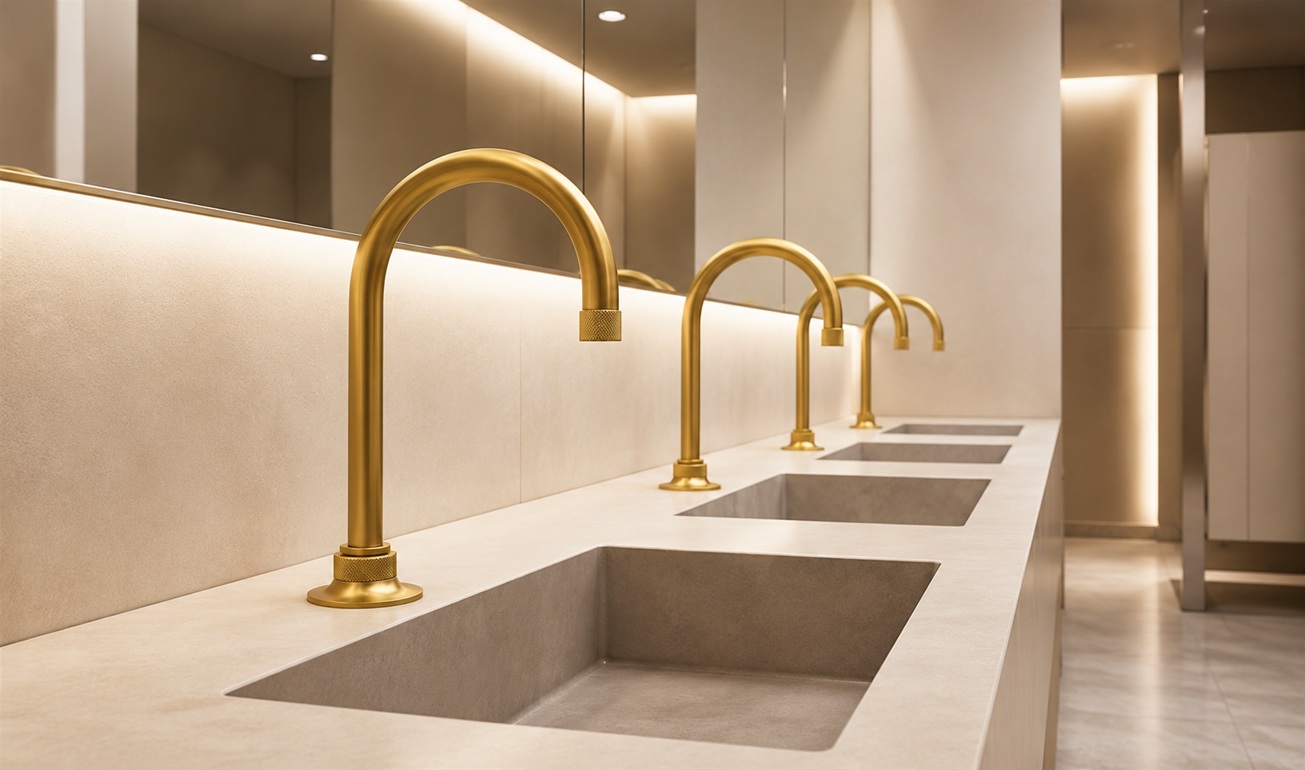 Luxury commercial restroom with brushed gold bathroom faucets, rectangular sinks, warm mirror lighting, and a modern minimalist vanity design