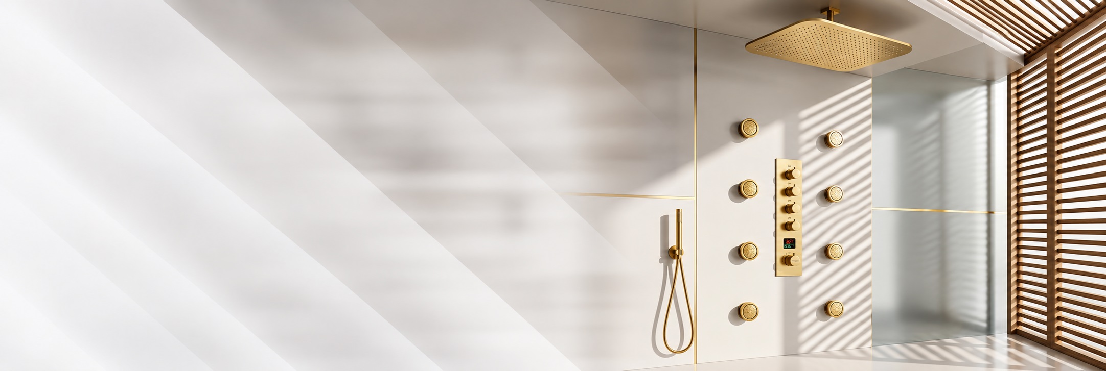 BathSelect brushed gold rounded square rainfall shower system with eight body jets and digital control