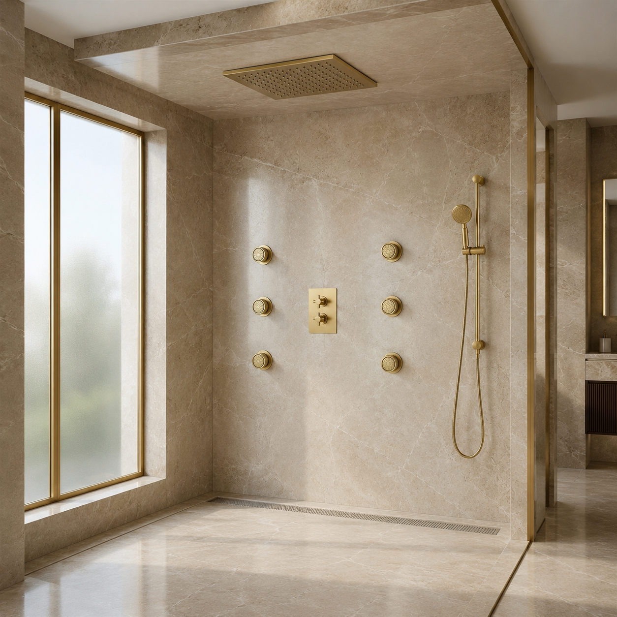 BathSelectVerto Brushed Gold Thermostatic Ceiling-Mounted Rainfall Shower System with Hand Shower and Six Body Jets