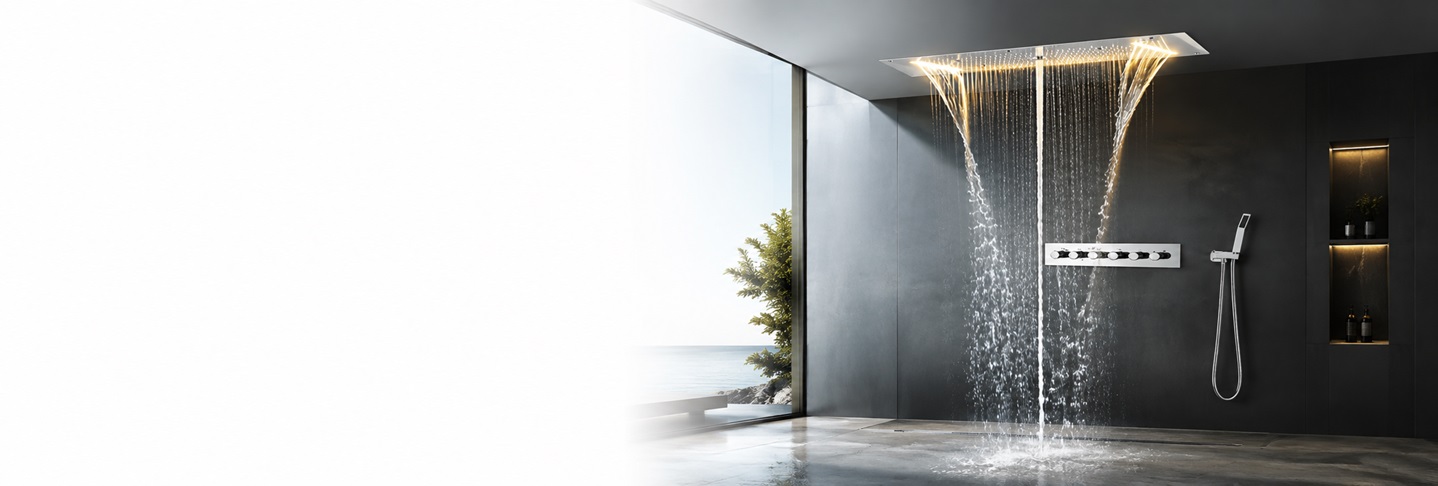 LED light ceiling rainfall shower set with hot and cold water mixer overhead shower system