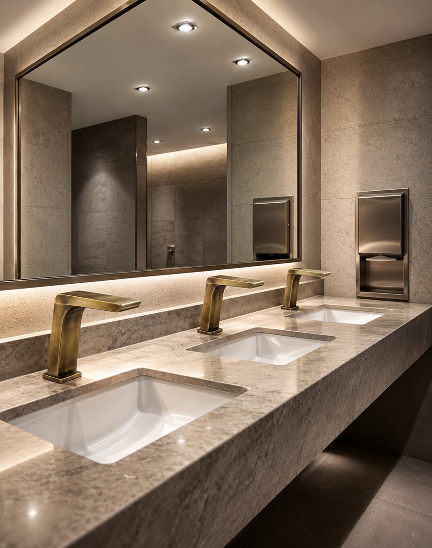 Luxury commercial restroom with brushed brass faucets, marble vanity countertop, rectangular undermount sinks, large wall mirror, recessed lighting, and modern stone tile design