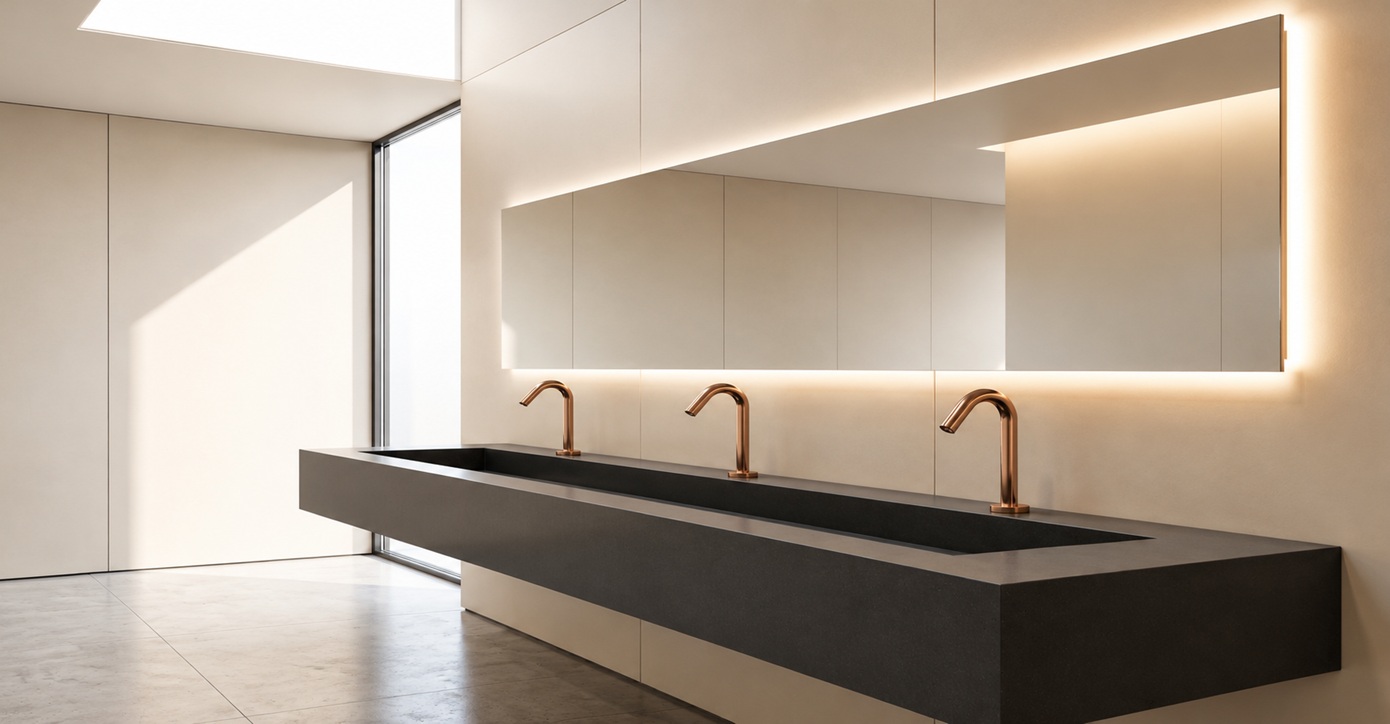 Luxury commercial restroom with three copper touchless faucets, a black trough sink, backlit mirror, and modern daylight interior