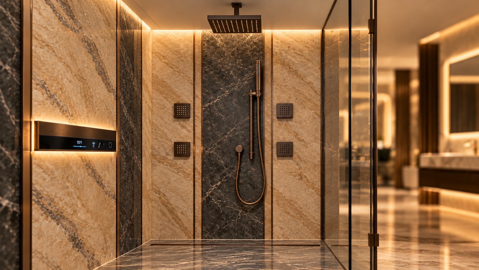 Dark bronze square ceiling rainfall shower in an amber stone bathroom