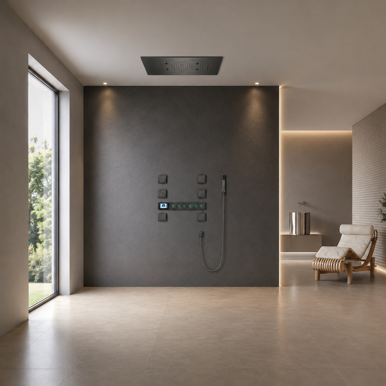 BathSelect Rome Hospitality Chrome LED Thermostatic Recessed Ceiling Shower System with Waterfall, Rainfall, Body Jets and Hand Shower