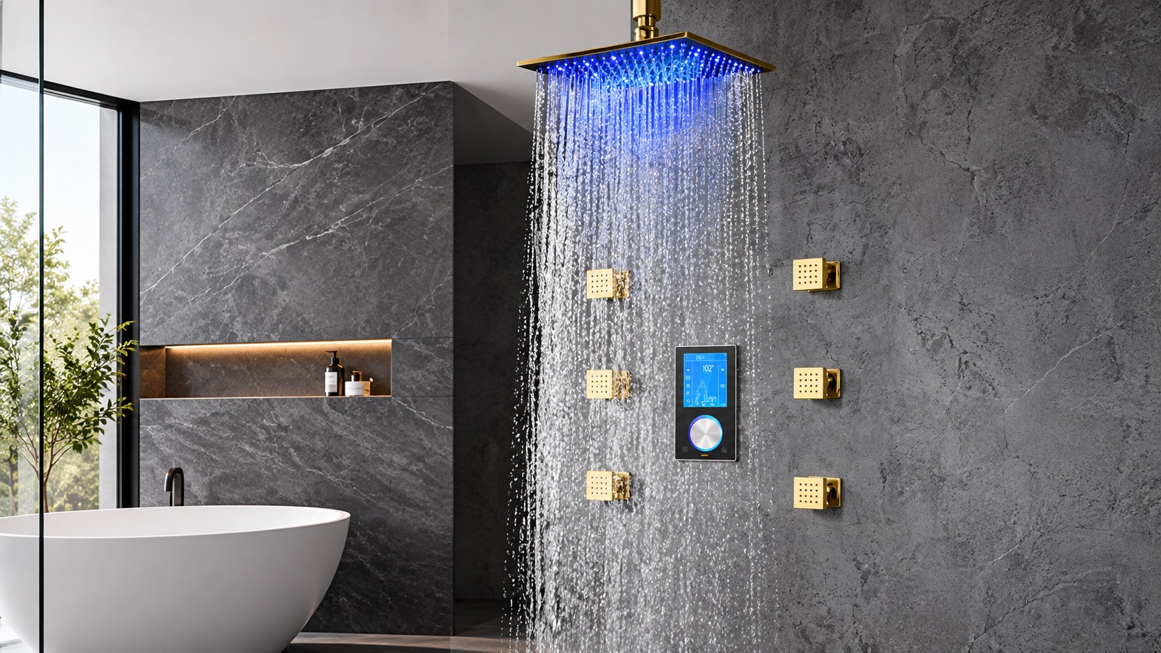 Luxury residential brushed gold multifunctional shower systems