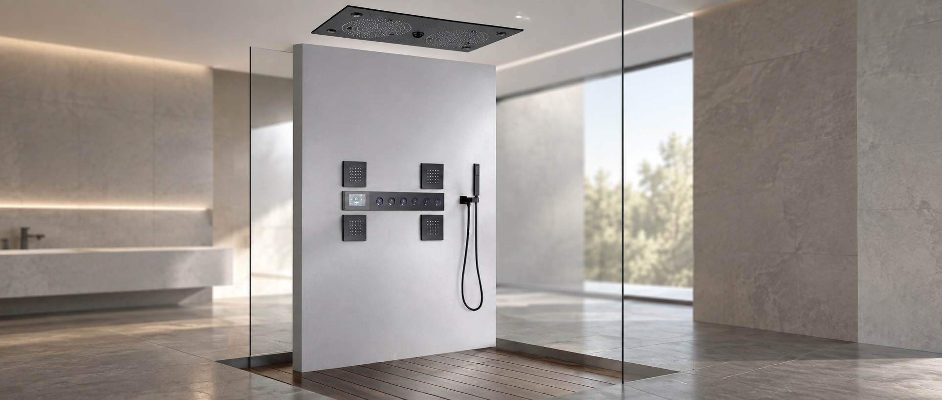 BathSelect BS7777MB matte black thermostatic digital shower set with multi-function ceiling shower head
