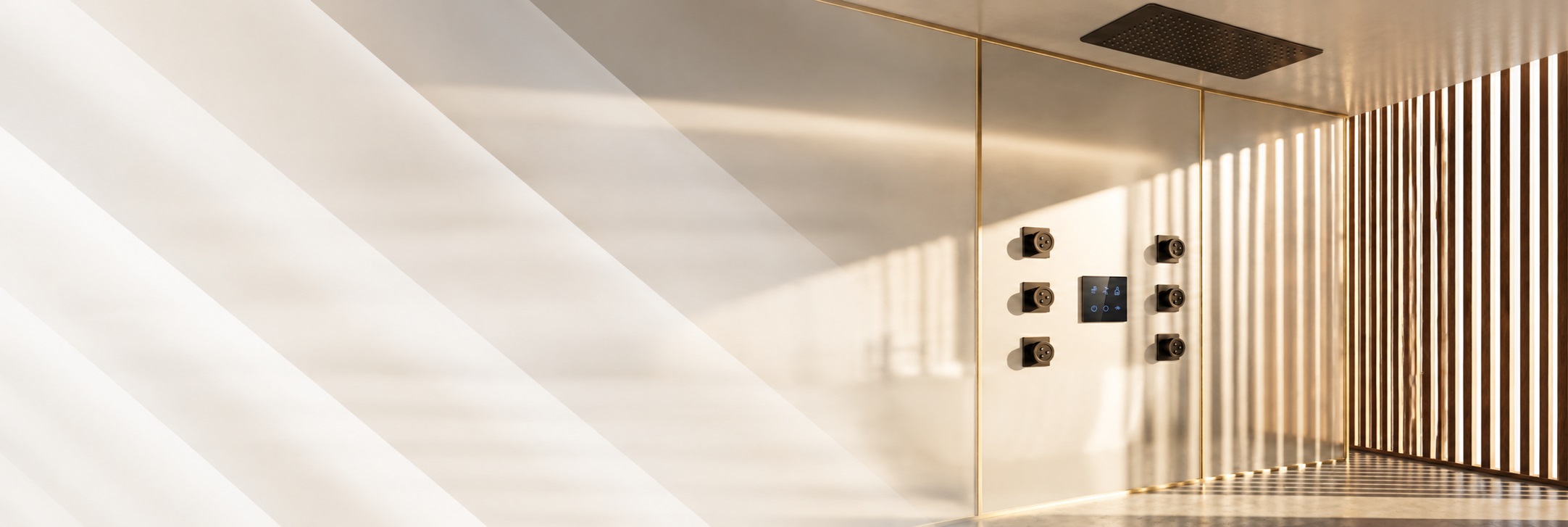 Luxury digital smart rainfall shower system with body jets in a modern spa bathroom