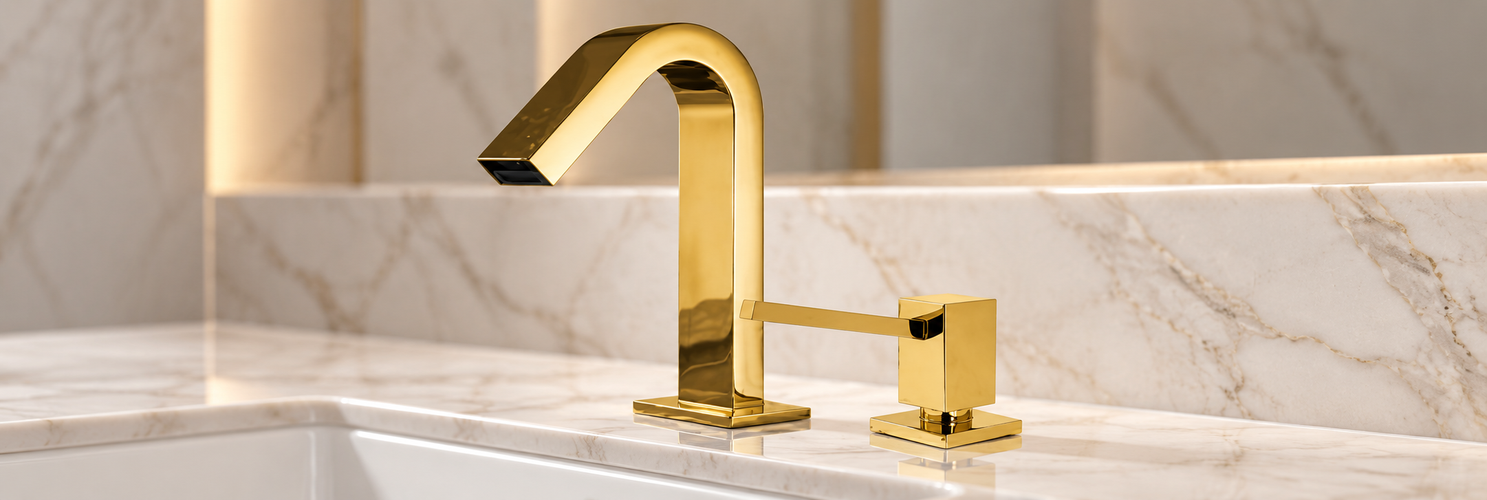 Brushed gold touchless faucets with coordinated manual soap dispensers