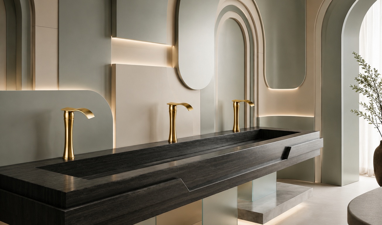 Luxury bathroom vanity with gold faucets, dark stone countertop, arched wall mirrors, soft ambient lighting, and a modern spa-inspired restroom design
