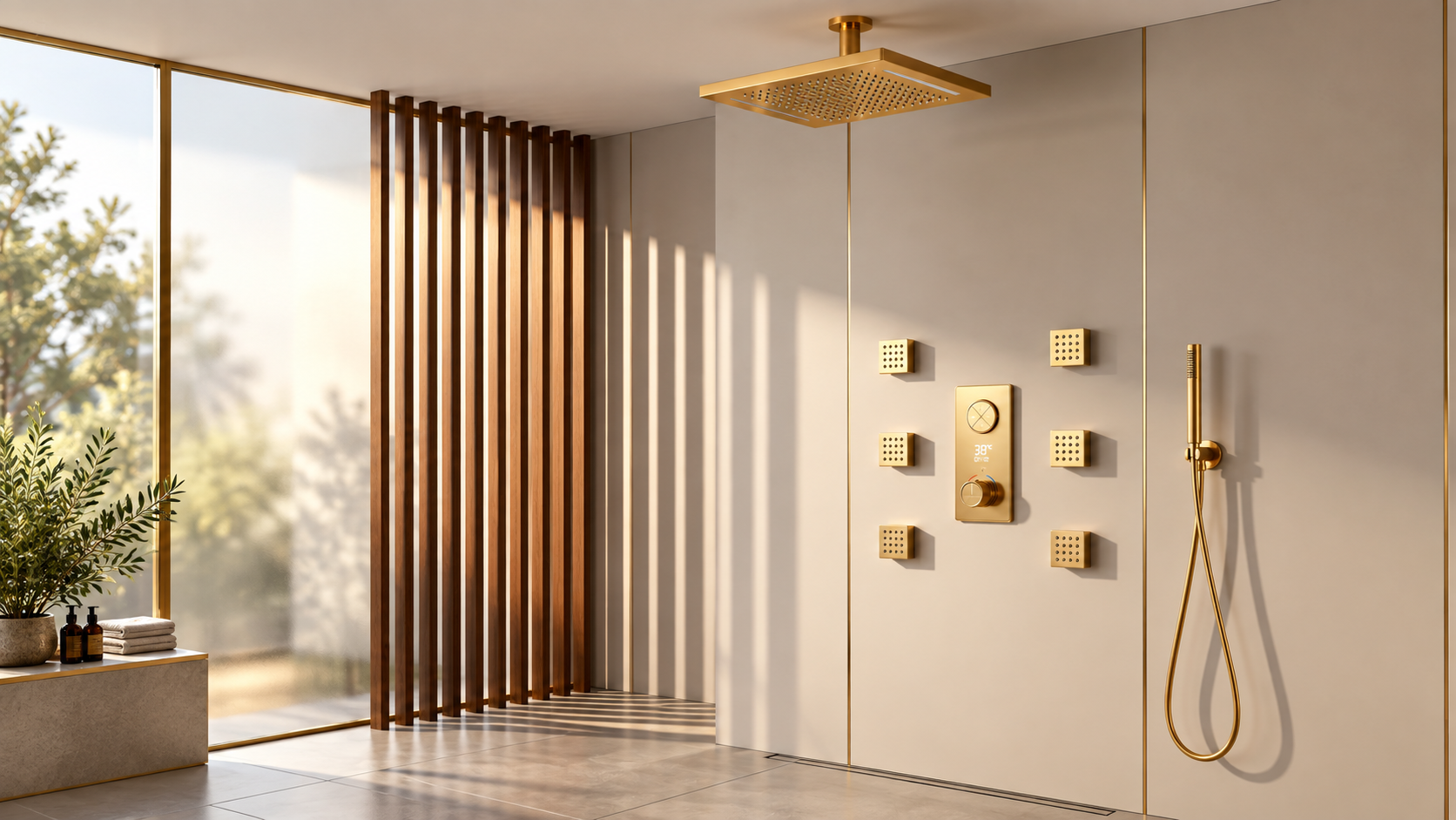 BathSelect brushed gold square ceiling rainfall shower system with six square body jets and digital thermostat