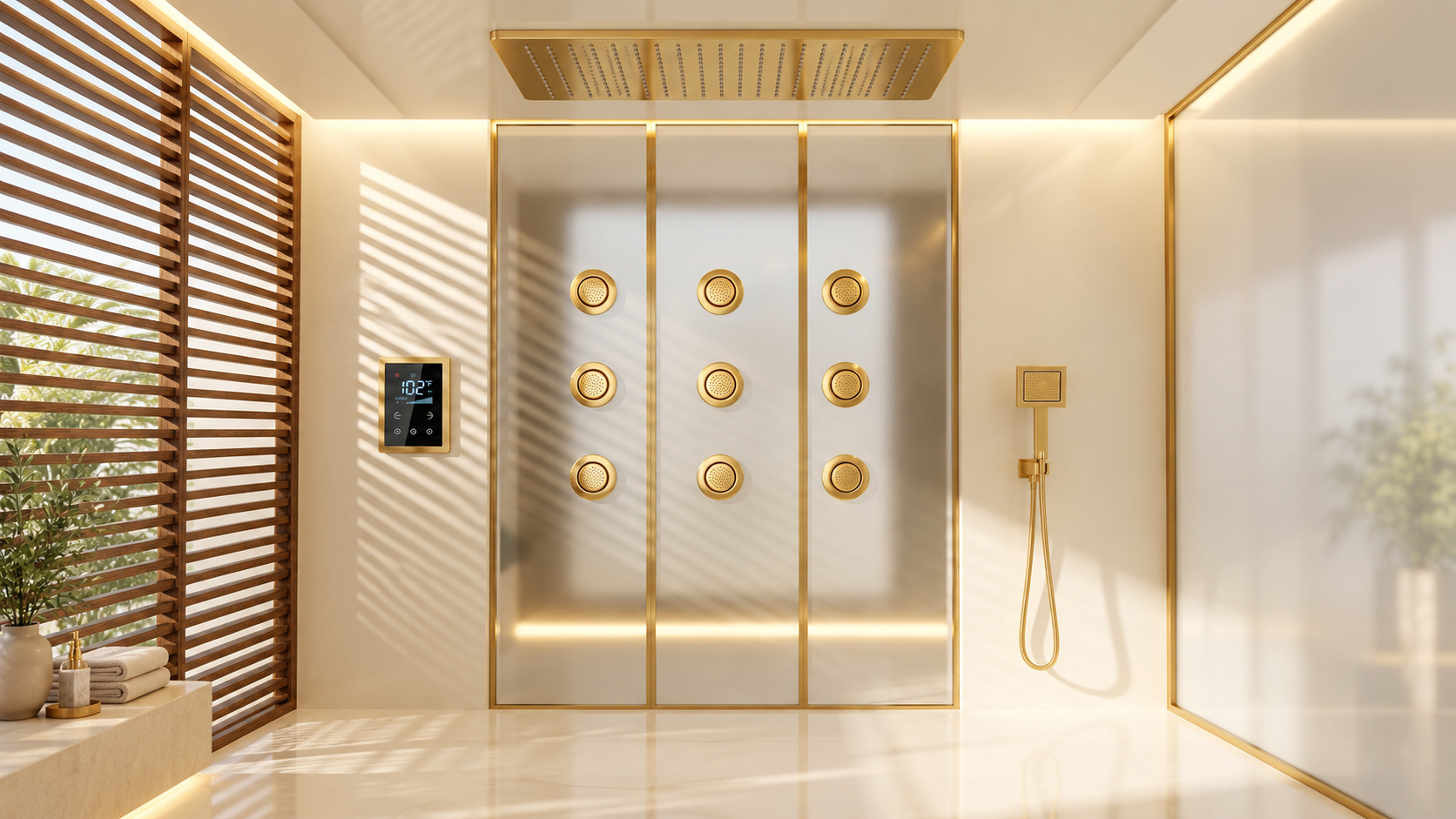 BathSelect brushed gold rounded rectangle ceiling rainfall shower system with eight round body jets and handheld sprayer