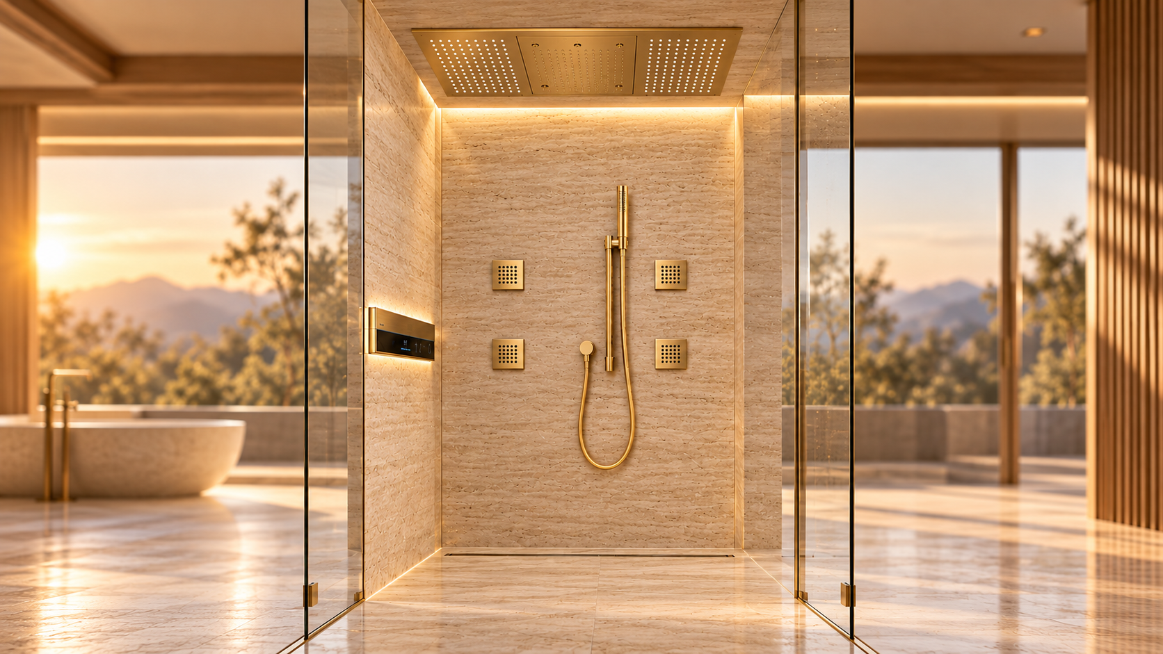 Gold ceiling-mounted rainfall shower with body jets and a digital shower control