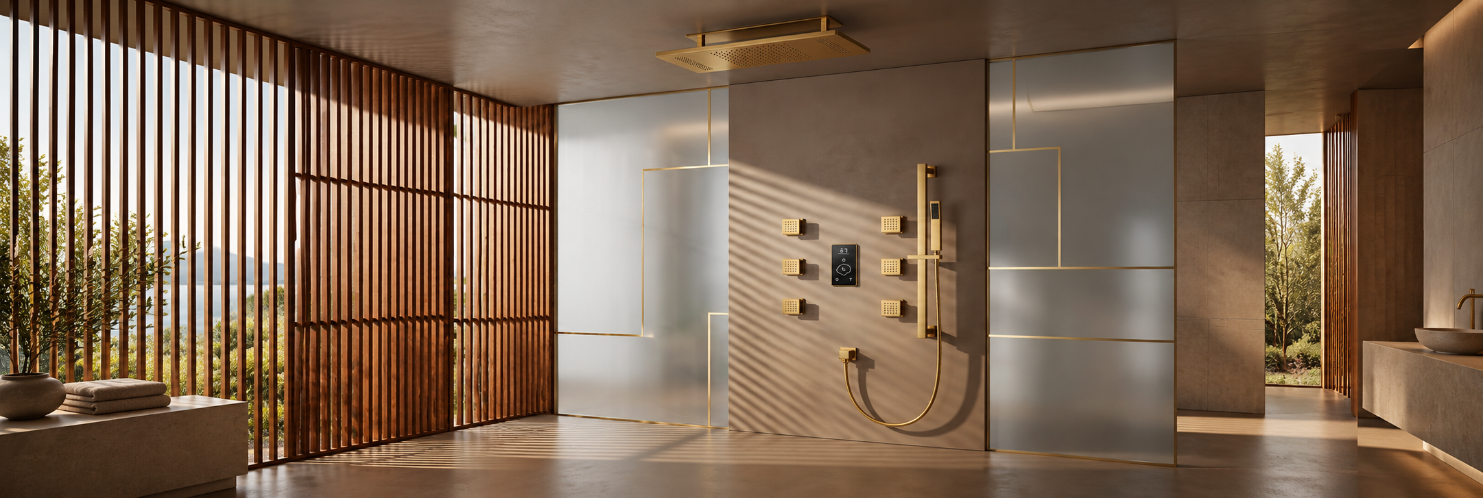 BathSelect Velora brushed gold ceiling rainfall shower with six body jets