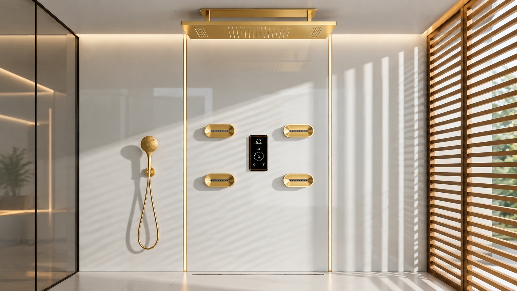 Brushed gold rectangular ceiling rainfall shower with body sprays and handheld for commercial bathroom projects